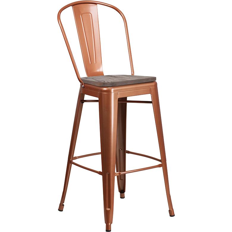 30" High Copper Metal Barstool with Back and Wood Seat. Picture 1