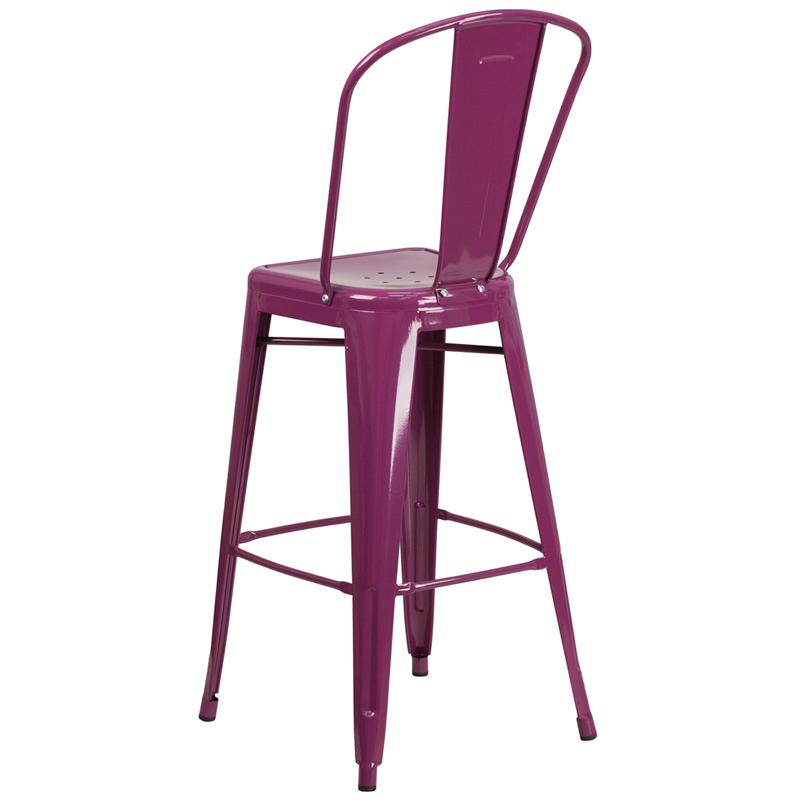 Commercial Grade 30" High Purple Metal Indoor-Outdoor Barstool with Back. Picture 3