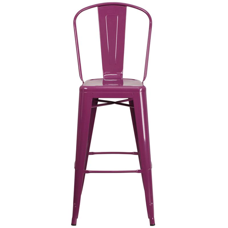 Commercial Grade 30" High Purple Metal Indoor-Outdoor Barstool with Back. Picture 4