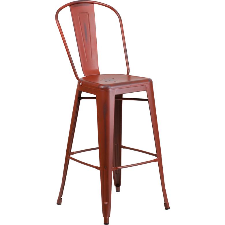 Commercial Grade 30" High Distressed Kelly Red Metal Indoor-Outdoor Barstool with Back. The main picture.