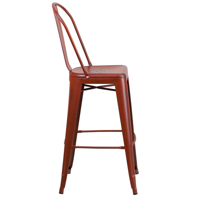 Commercial Grade 30" High Distressed Kelly Red Metal Indoor-Outdoor Barstool with Back. Picture 2