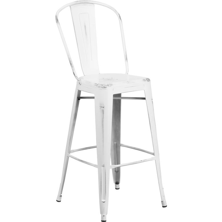 30" High Distressed White Metal Indoor-Outdoor Barstool with Back. Picture 1