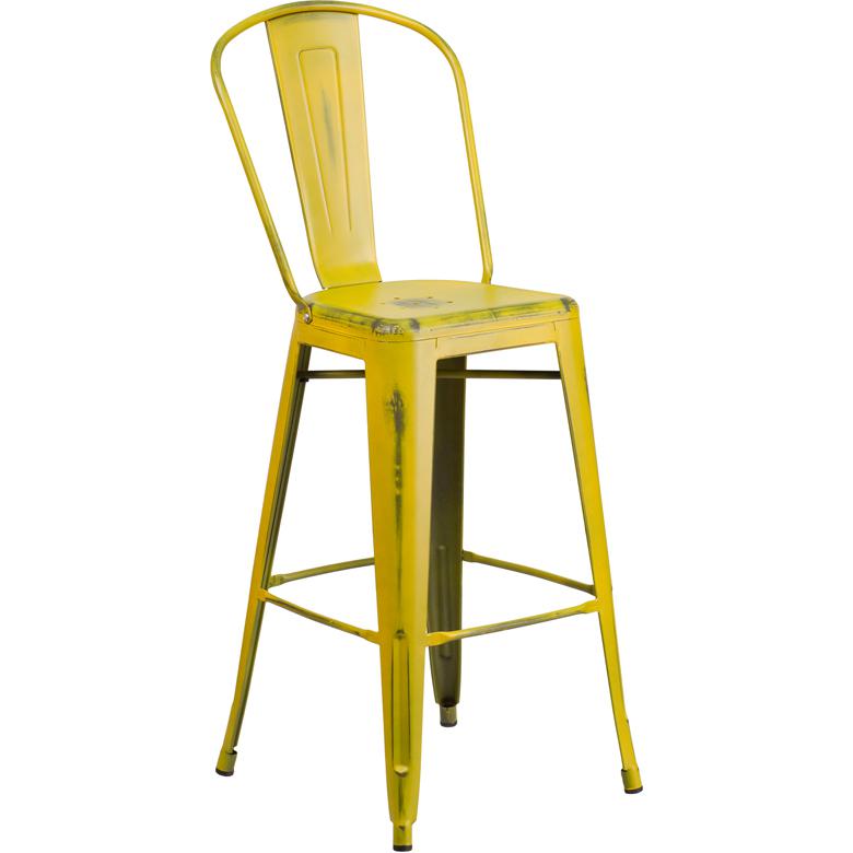 Commercial Grade 30" High Distressed Yellow Metal Indoor-Outdoor Barstool with Back. Picture 1