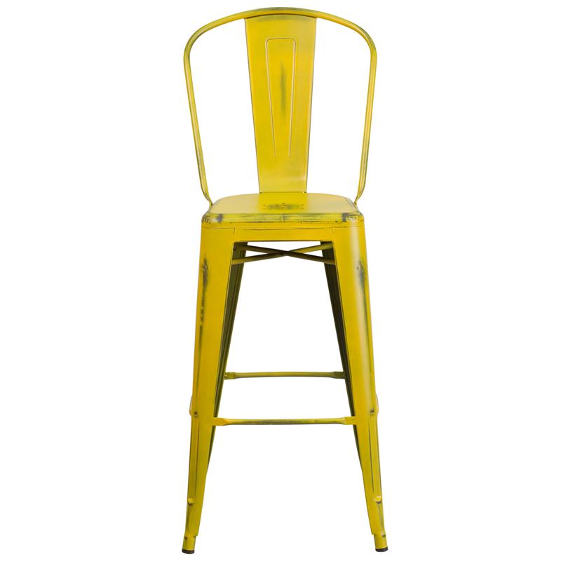 Commercial Grade 30" High Distressed Yellow Metal Indoor-Outdoor Barstool with Back. Picture 4