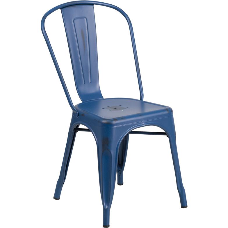 Distressed Antique Blue Metal Indoor-Outdoor Stackable Chair. Picture 1