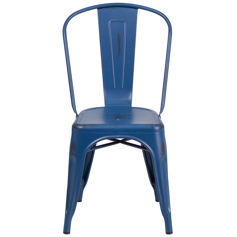 Distressed Antique Blue Metal Indoor-Outdoor Stackable Chair. Picture 4