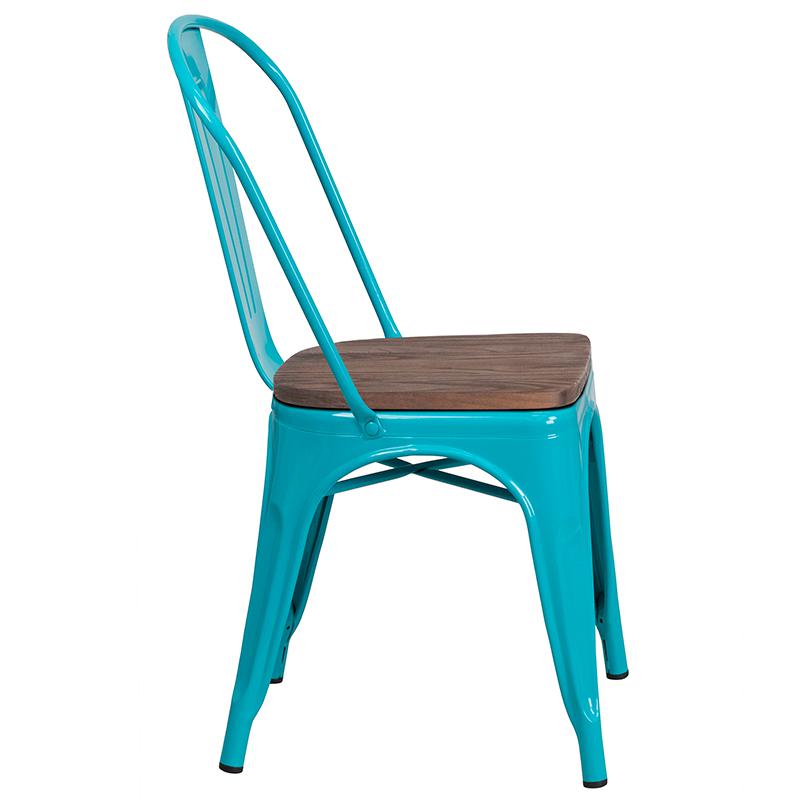 Crystal Teal-Blue Metal Stackable Chair with Wood Seat. Picture 2