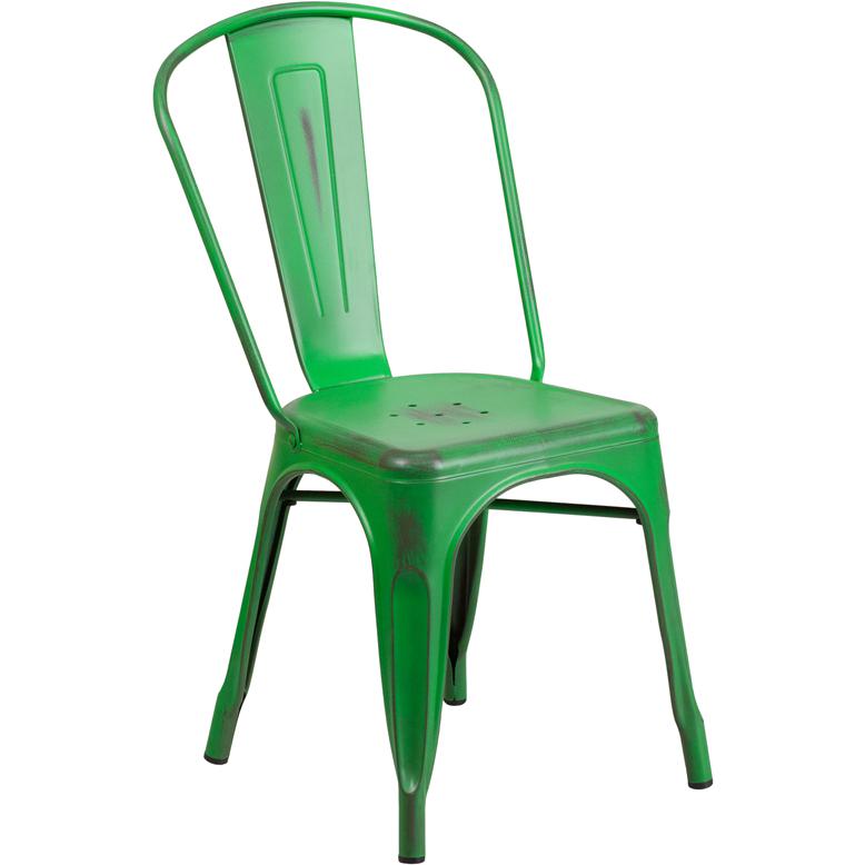 Commercial Grade Distressed Green Metal Indoor-Outdoor Stackable Chair. The main picture.