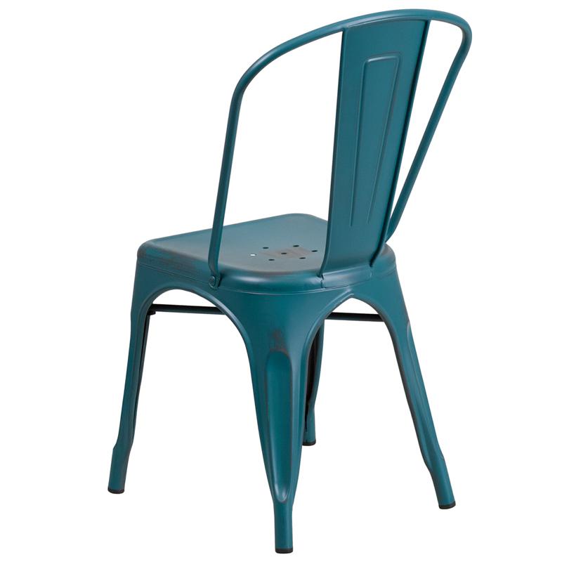 Commercial Grade Distressed Kelly Blue-Teal Metal Indoor-Outdoor Stackable Chair. Picture 3
