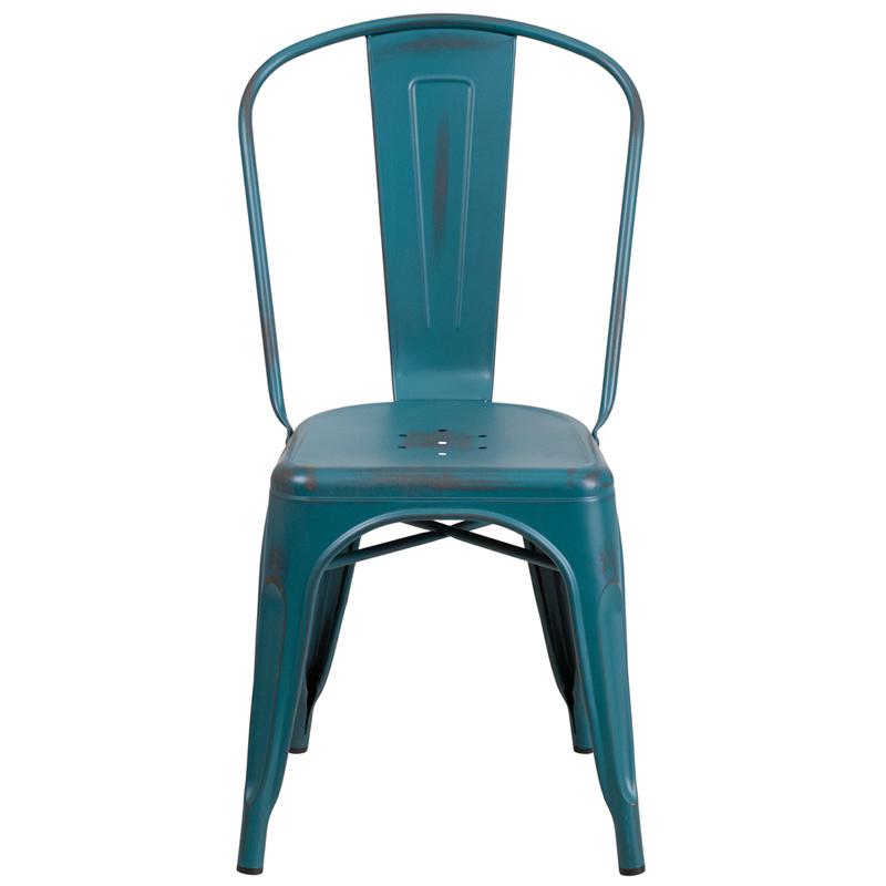 Commercial Grade Distressed Kelly Blue-Teal Metal Indoor-Outdoor Stackable Chair. Picture 4
