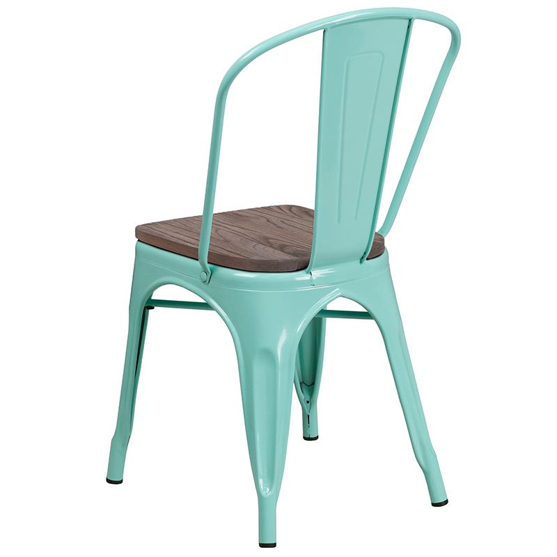 Mint Green Metal Stackable Chair with Wood Seat. Picture 3