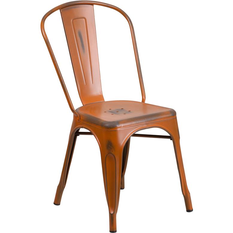 Commercial Grade Distressed Orange Metal Indoor-Outdoor Stackable Chair. Picture 1