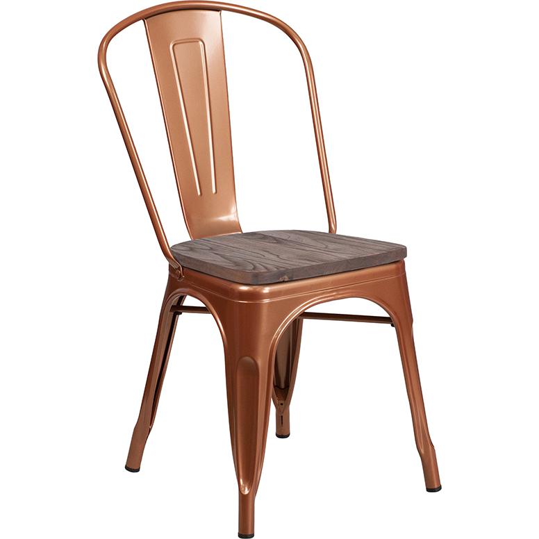 Copper Metal Stackable Chair with Wood Seat. Picture 1