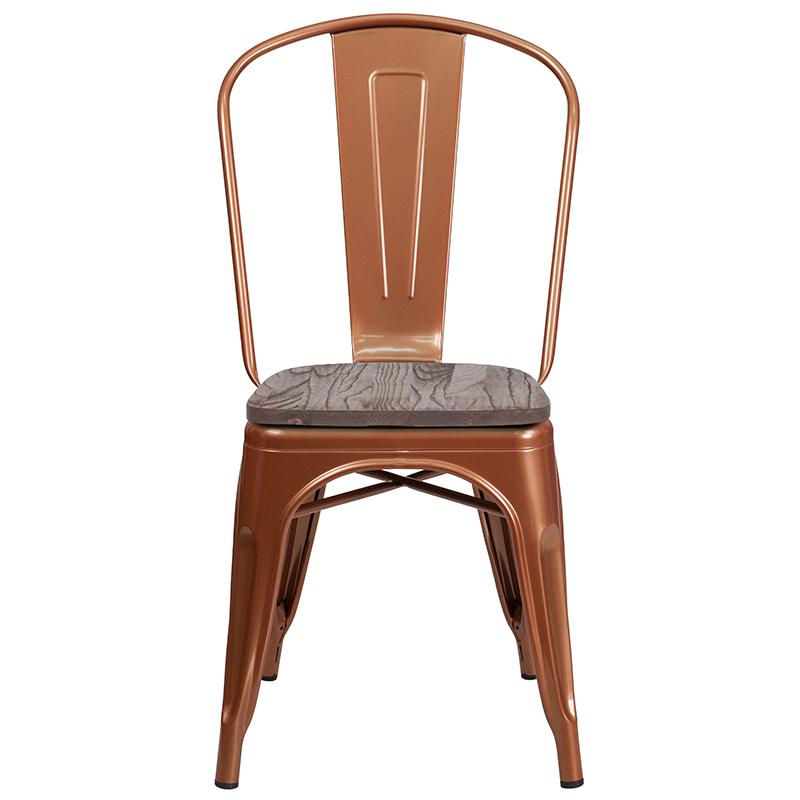 Copper Metal Stackable Chair with Wood Seat. Picture 4