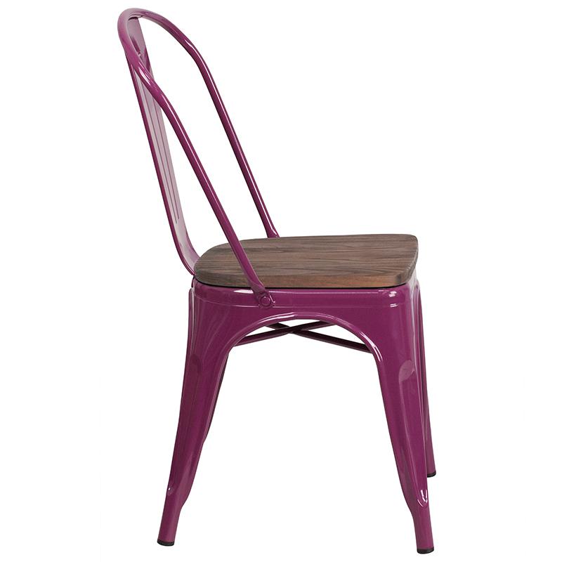 Purple Metal Stackable Chair with Wood Seat. Picture 2