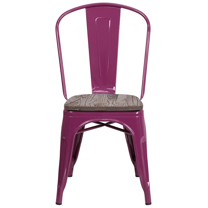 Purple Metal Stackable Chair with Wood Seat. Picture 4
