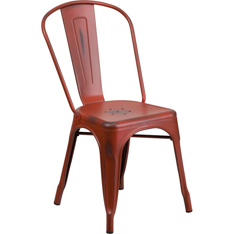 Distressed Kelly Red Metal Indoor-Outdoor Stackable Chair. Picture 1
