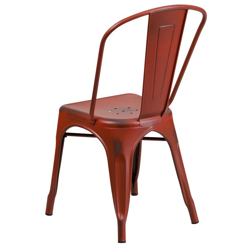 Distressed Kelly Red Metal Indoor-Outdoor Stackable Chair. Picture 3
