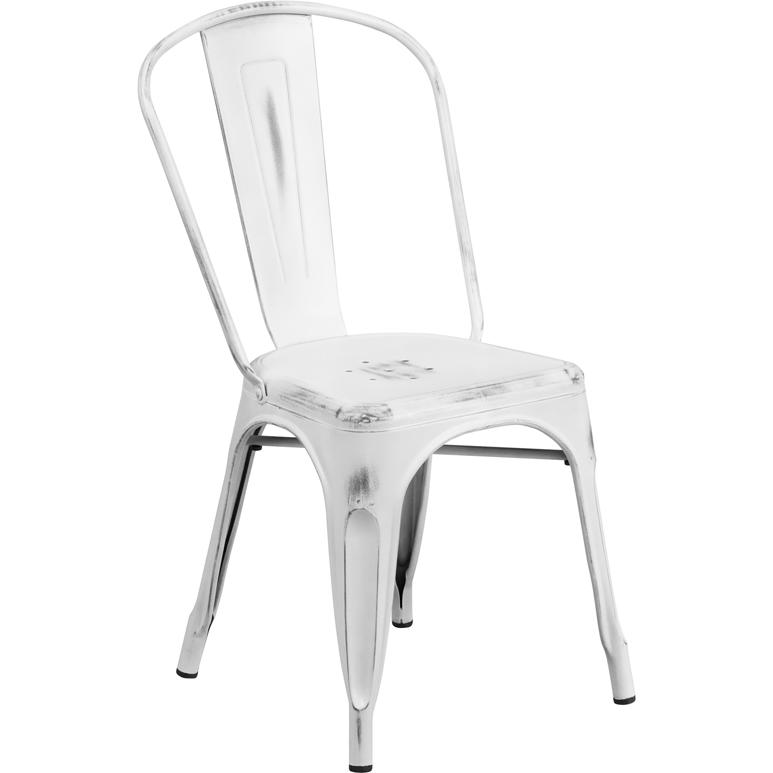 Commercial Grade Distressed White Metal Indoor-Outdoor Stackable Chair. Picture 1