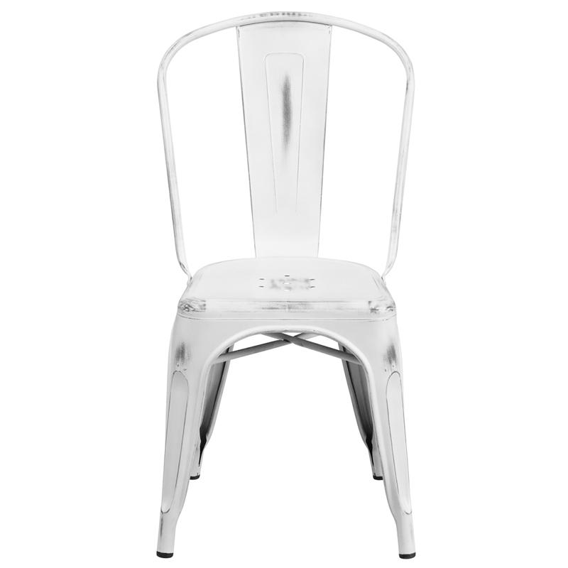 Commercial Grade Distressed White Metal Indoor-Outdoor Stackable Chair. Picture 4