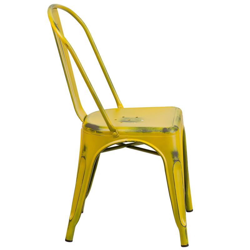 Commercial Grade Distressed Yellow Metal Indoor-Outdoor Stackable Chair. Picture 2