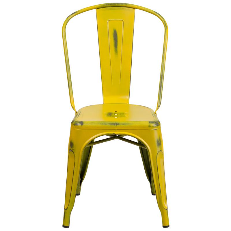 Commercial Grade Distressed Yellow Metal Indoor-Outdoor Stackable Chair. Picture 4