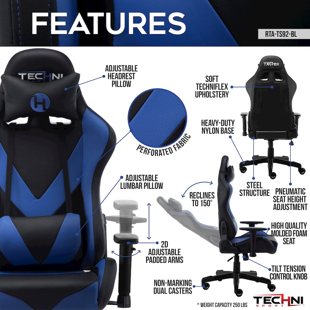 Techni Sport TS-92 Office-PC Gaming Chair, Blue. Picture 14