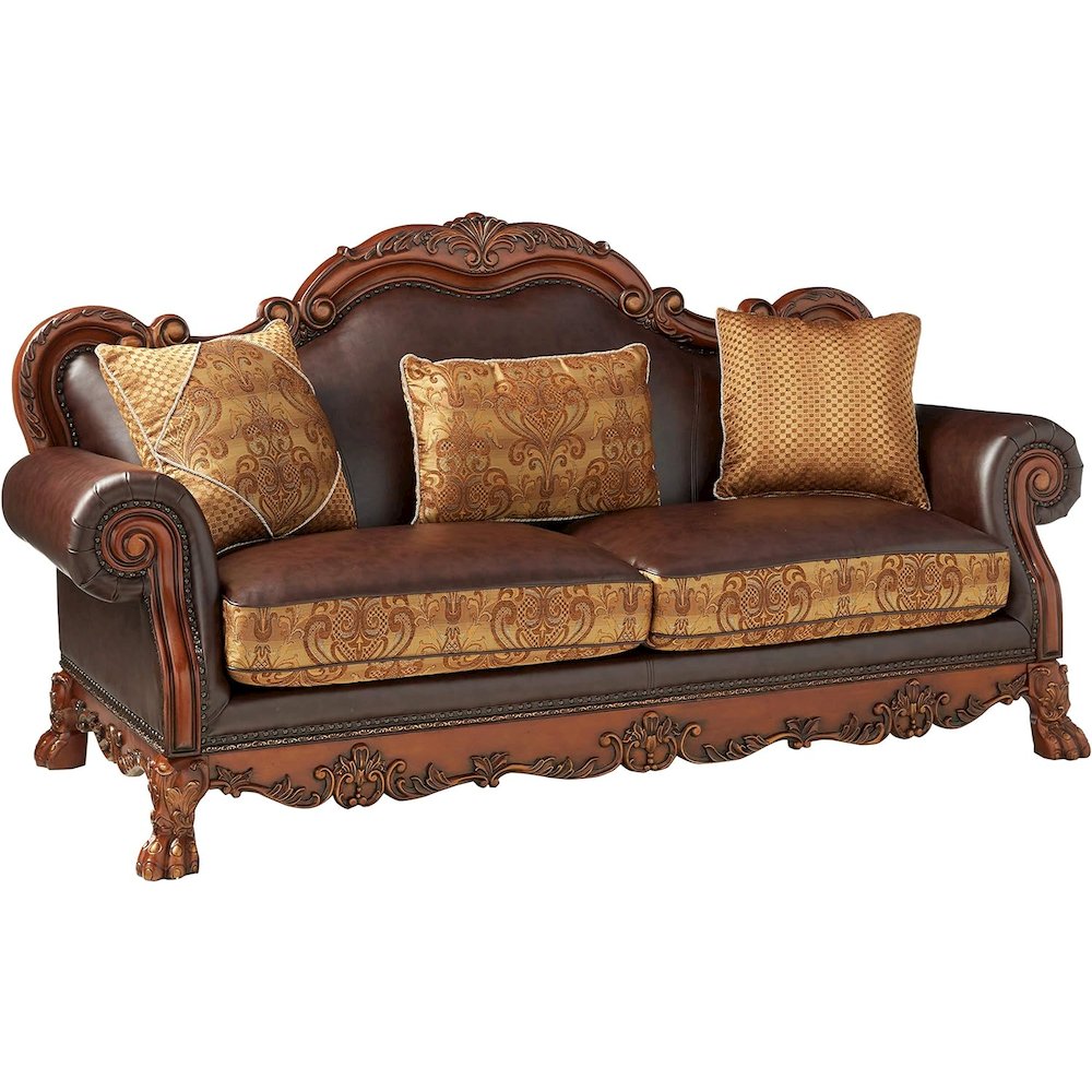 Sofa (w/3 Pillows), Brown PU & Chenille, Cherry Oak 15160. Picture 1