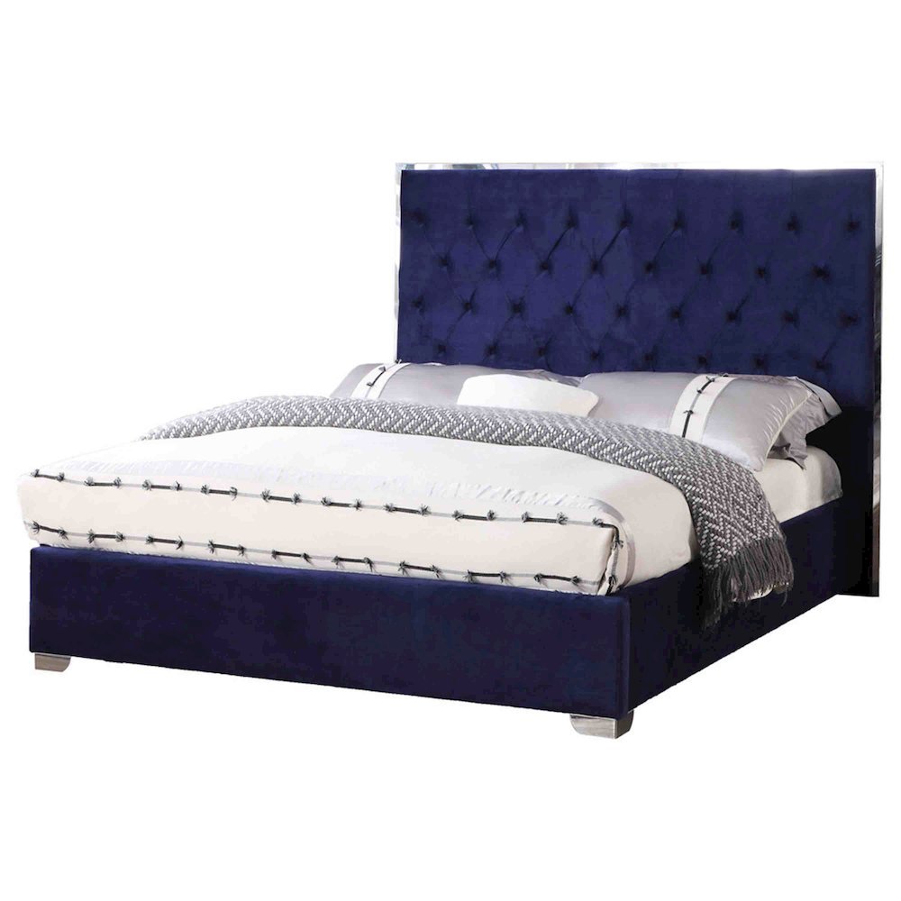 Best Master Kressa Velour Fabric Tufted East King Platform Bed in Blue. Picture 1