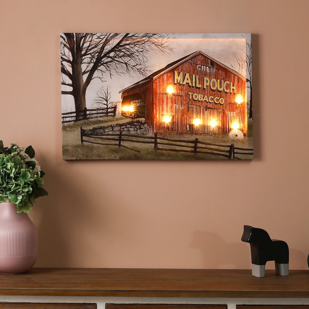 Red Barn Trail Ride Canvas Print with LED Lights. Picture 1