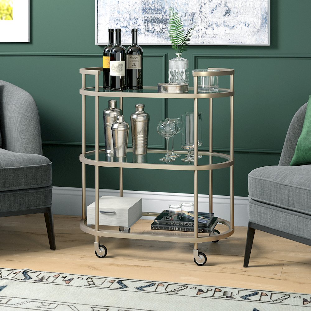 Leif 30'' Wide Oval Bar Cart in Satin Nickel. Picture 7