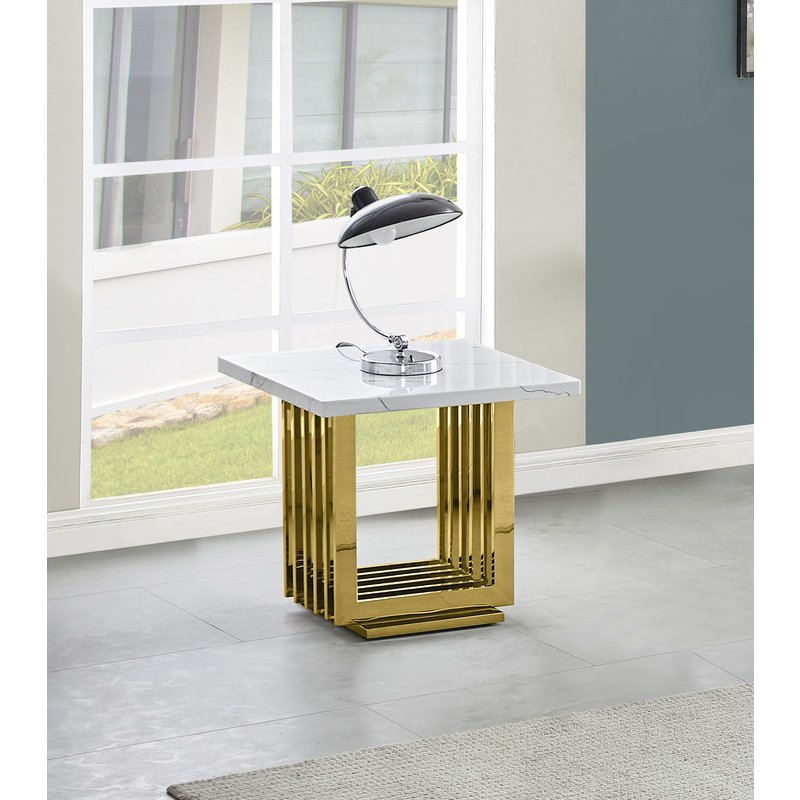 White marble top end table with gold color stainless steel base. Picture 3