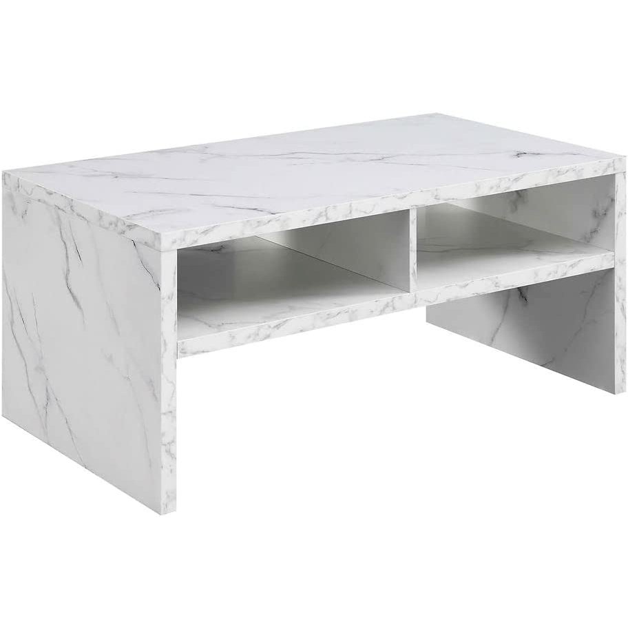 Northfield Admiral Deluxe Coffee Table with Shelves, White Faux Marble. Picture 1