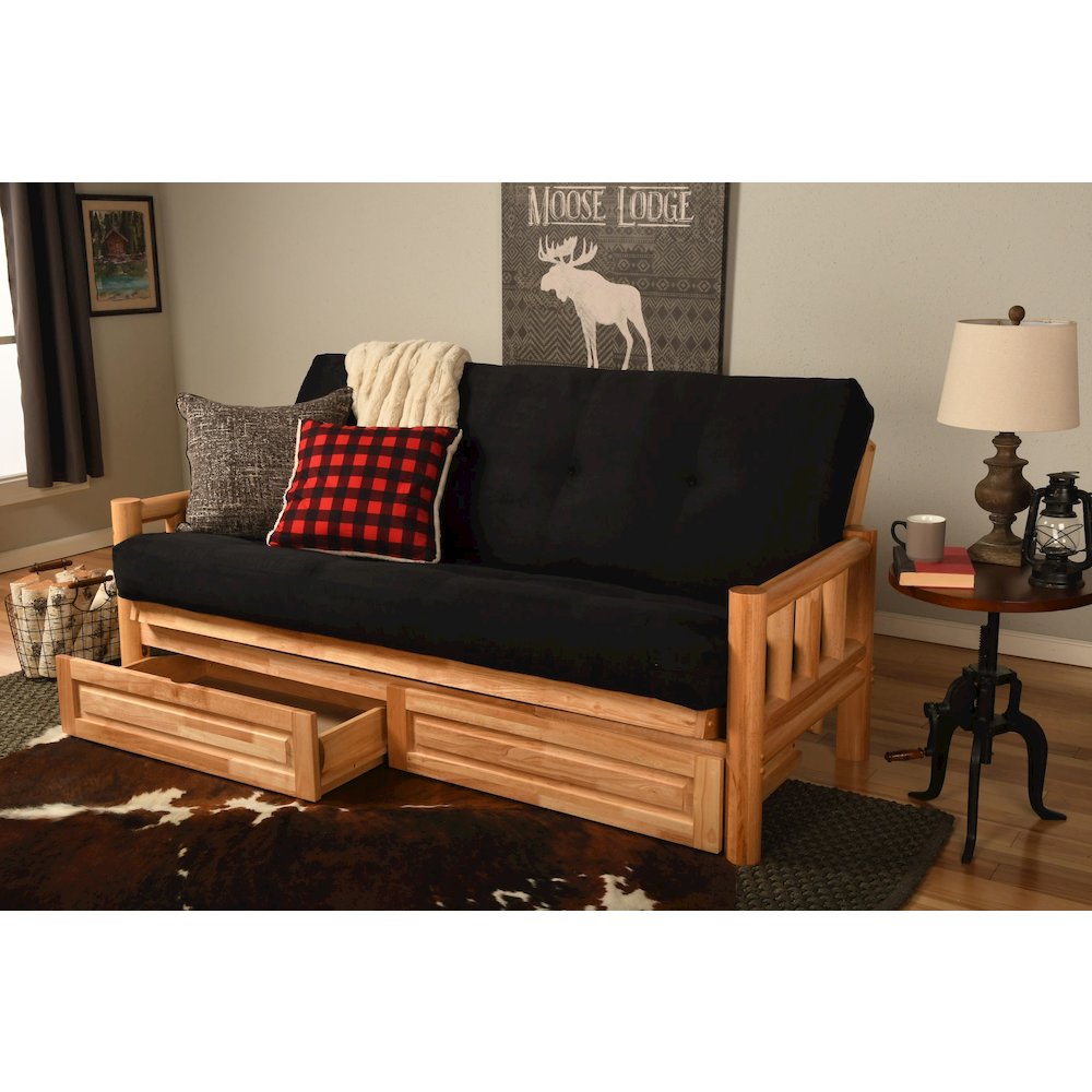 Lodge Frame-Natural Finish-Suede Black Mattress-Storage Drawers. Picture 1
