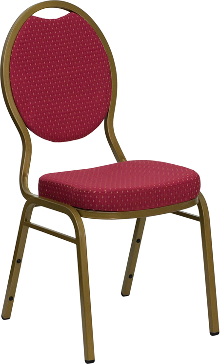 Teardrop Back Stacking Banquet Chair in Burgundy Patterned Fabric - Gold Frame. Picture 1