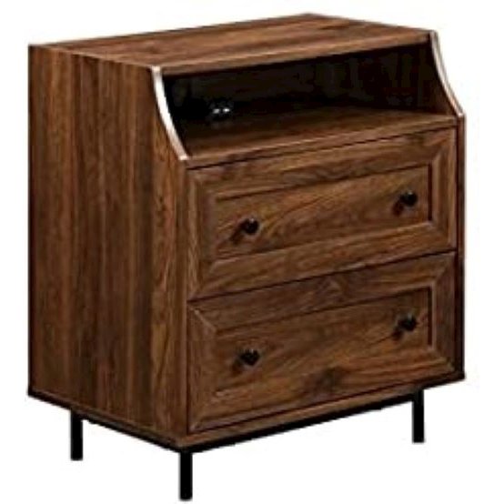 22" Curved Open Top 2 Drawer Nightstand with USB - Dark Walnut. Picture 1