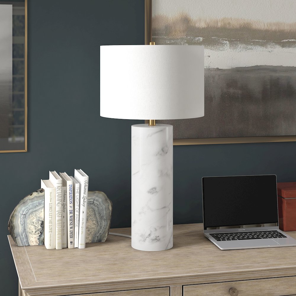 Elise 30" Tall Table Lamp with Fabric Shade in Marble/Brass/White. Picture 5
