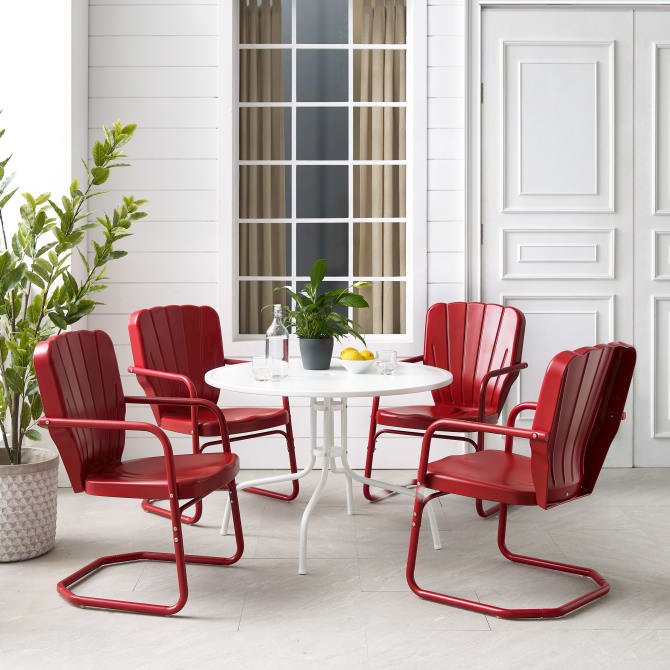 Ridgeland 5Pc Outdoor Metal Dining Set Bright Red Gloss/White Satin - Dining Table & 4 Chairs. Picture 1