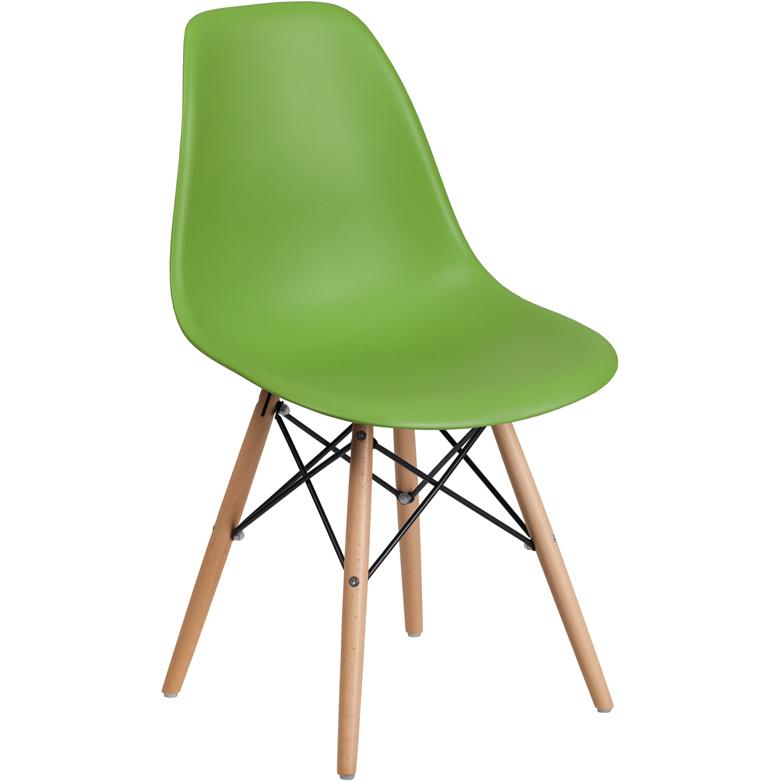 Green Plastic Chair with Wooden Legs. Picture 1