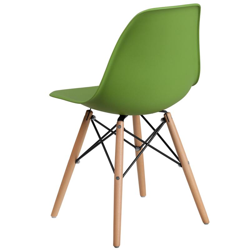 Green Plastic Chair with Wooden Legs. Picture 3