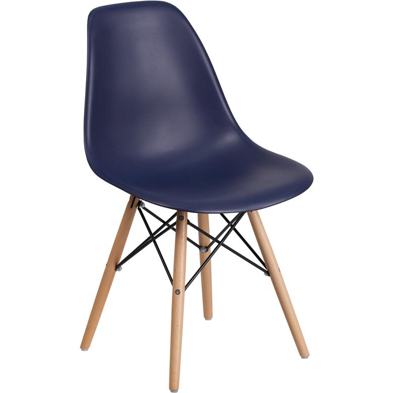 Elon Series Navy Plastic Chair with Wooden Legs. Picture 1