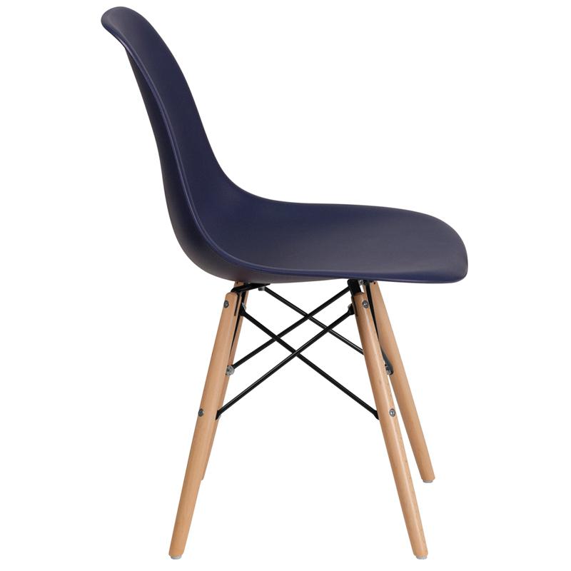 Elon Series Navy Plastic Chair with Wooden Legs. Picture 2
