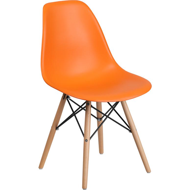 Orange Plastic Chair with Wooden Legs. Picture 1