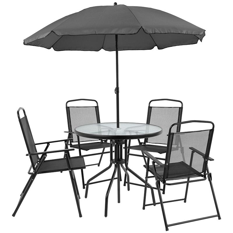 6 Piece Black Patio Garden Set with Umbrella Table and Set of 4 Folding Chairs. Picture 2