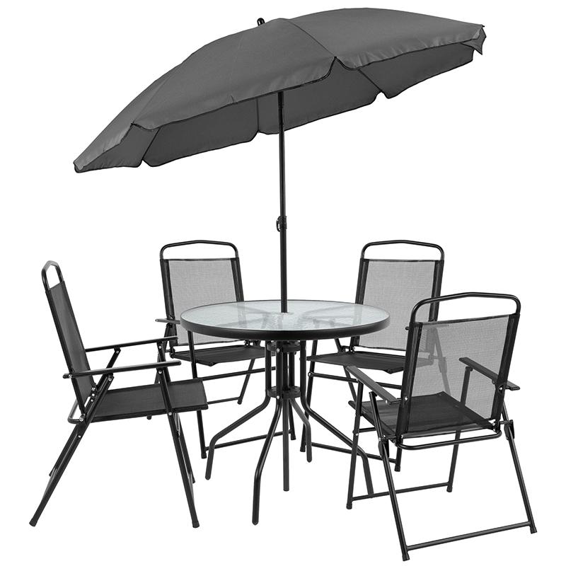 6 Piece Black Patio Garden Set with Umbrella Table and Set of 4 Folding Chairs. Picture 3