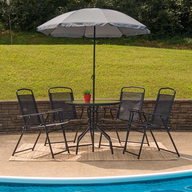 6 Piece Black Patio Garden Set with Umbrella Table and Set of 4 Folding Chairs. Picture 1