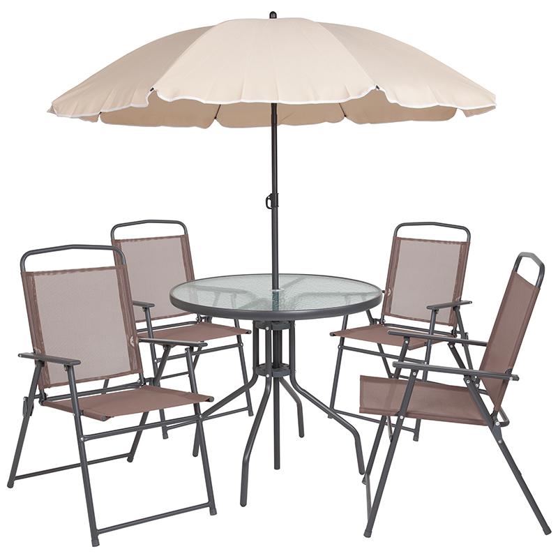 6 Piece Brown Patio Garden Set with Umbrella Table and Set of 4 Folding Chairs. Picture 2