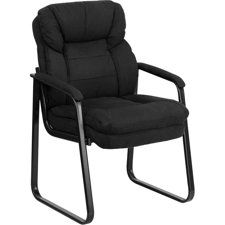 Black Microfiber Side Reception Chair with Lumbar Support and Sled Base. Picture 1
