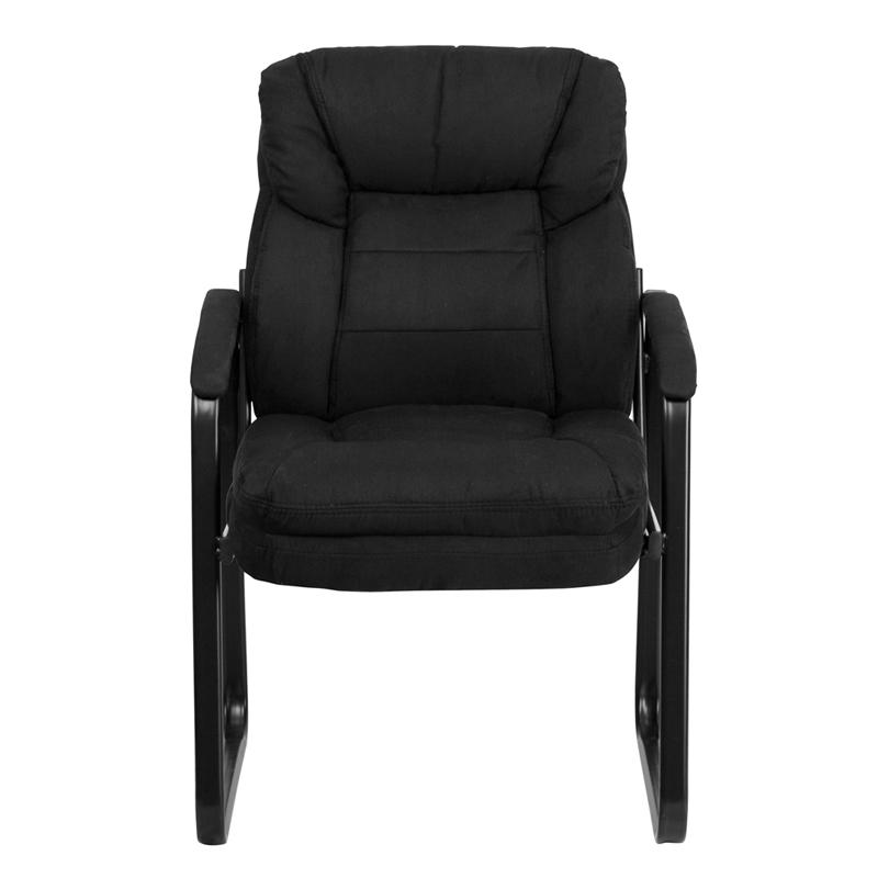 Black Microfiber Side Reception Chair with Lumbar Support and Sled Base. Picture 4
