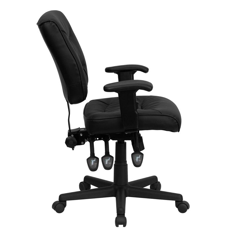 Mid-Back Black LeatherSoft Multifunction Swivel Ergonomic Task Office Chair with Adjustable Arms. Picture 2